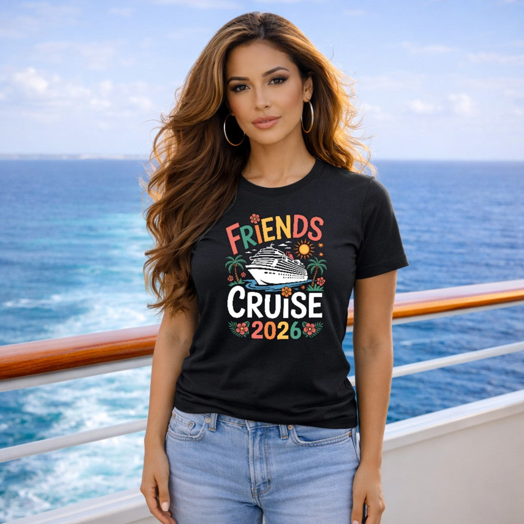 Woman wearing a 'Friends Cruise 2026' t-shirt on a cruise ship deck with ocean view.