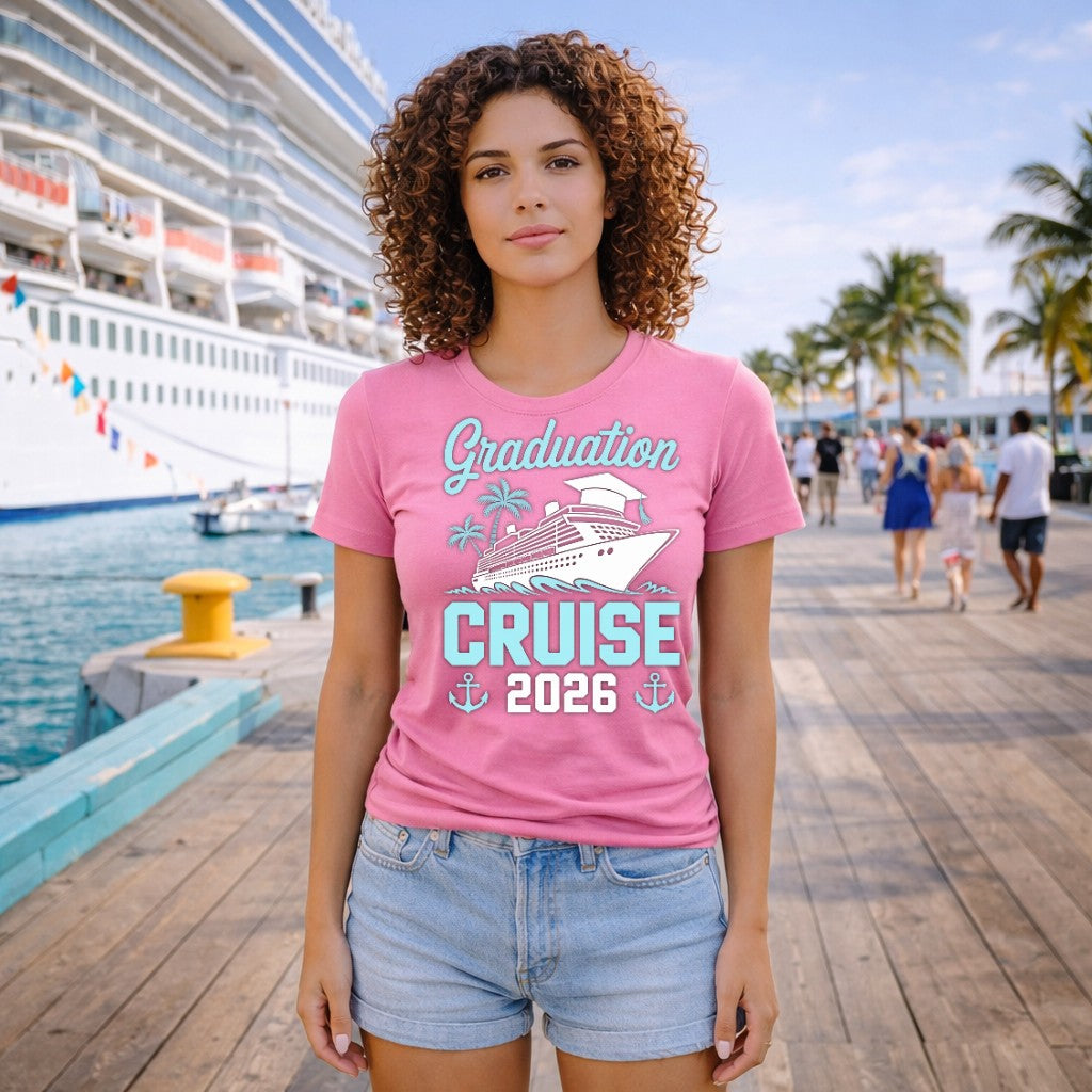 Woman wearing a pink 'Graduation Cruise 2026' t-shirt at a cruise ship dock.
