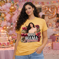 Woman wearing a yellow t-shirt with a graphic design in a festive setting. Order a personalized photo shirt for your birthday celebration.