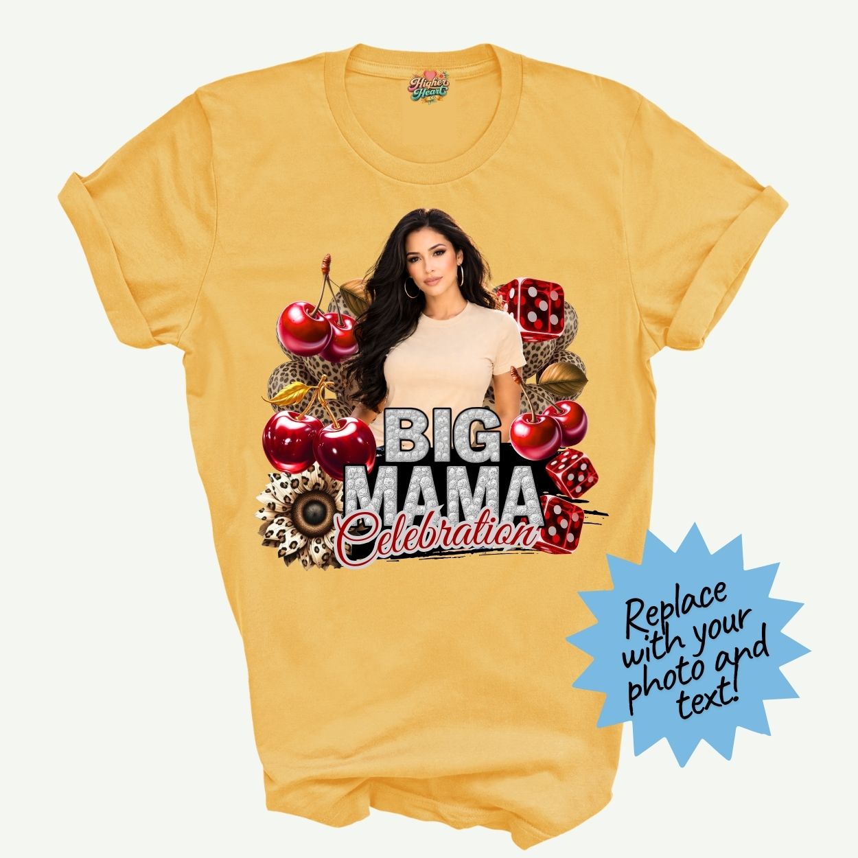 Yellow t-shirt with a graphic design featuring cherries and text on a white background for a personalized photo shirt.