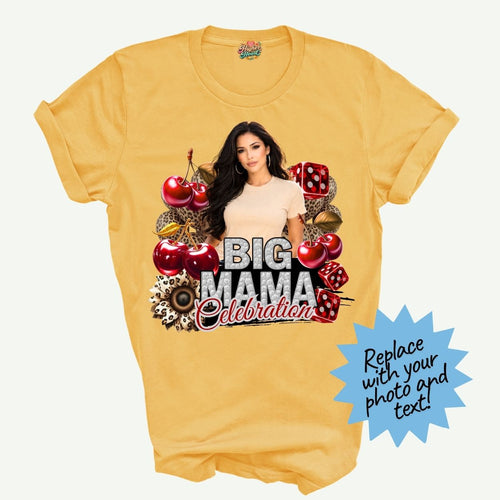 Yellow t-shirt with a graphic design featuring cherries and text on a white background for a personalized photo shirt.