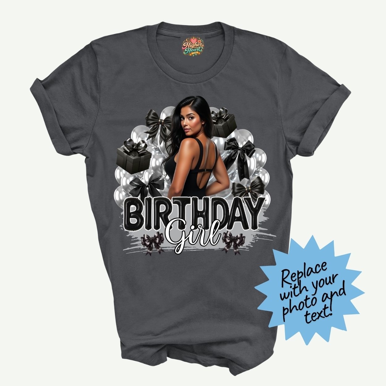 Gray t-shirt with 'Birthday Girl' design featuring a woman and balloons on a white background.