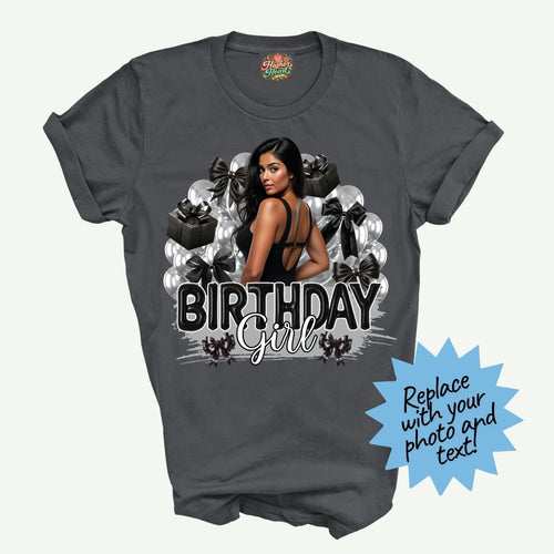 Gray t-shirt with 'Birthday Girl' design featuring a woman and balloons on a white background.