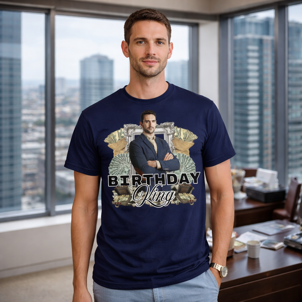 Man wearing a navy blue t-shirt with a graphic design in an office setting