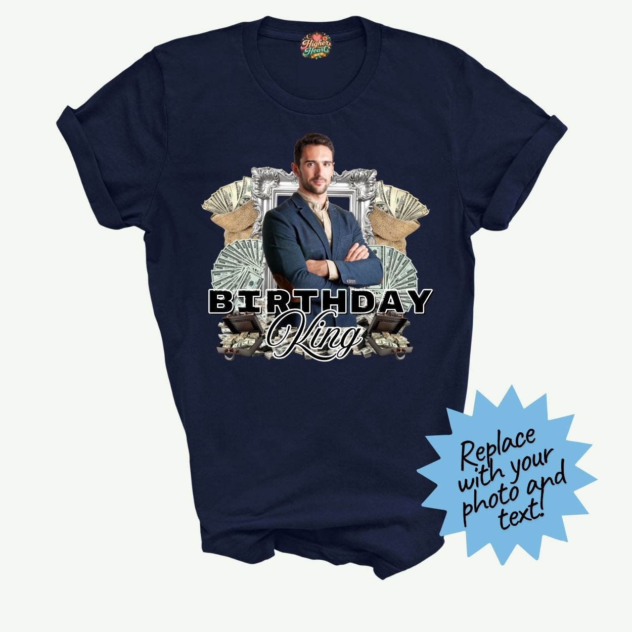 Navy blue t-shirt with a graphic design featuring a person and text 'Birthday King' on a white background.