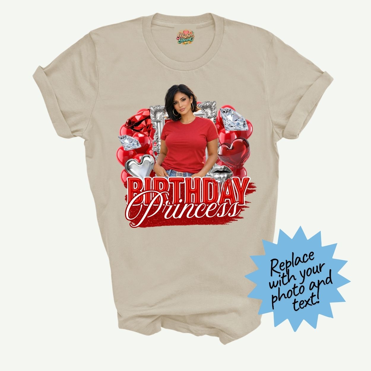 Beige t-shirt with 'Birthday Princess' design featuring a woman in red, on a white background.