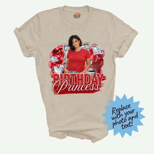 Beige t-shirt with 'Birthday Princess' design featuring a woman in red, on a white background.