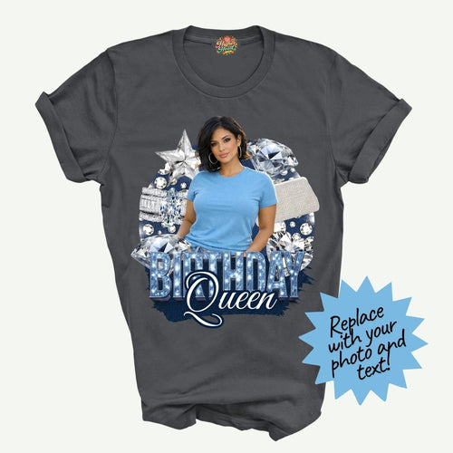 Gray t-shirt with 'Birthday Queen' design featuring a woman in a blue shirt, on a white background.