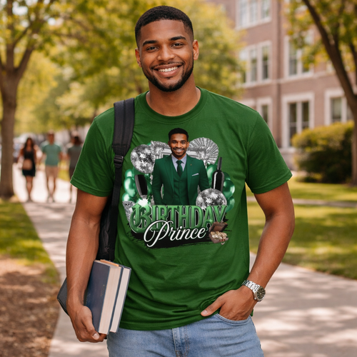 Man wearing a green t-shirt with a graphic design and text, standing outdoors.