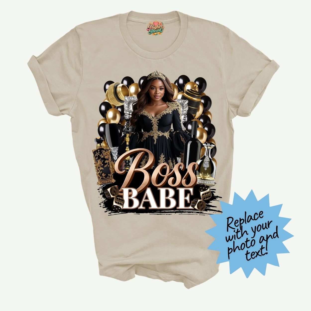 Beige t-shirt with 'Boss Babe' graphic featuring a woman on a throne, with customizable text and photo option.