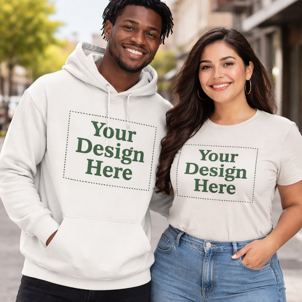 Male and female models wearing custom hoodie and t-shirt with Your Design Here placeholder design on urban street background.