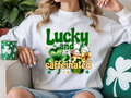 Lucky and Caffeinated St Patricks Day shirt with shamrocks and iced coffee design