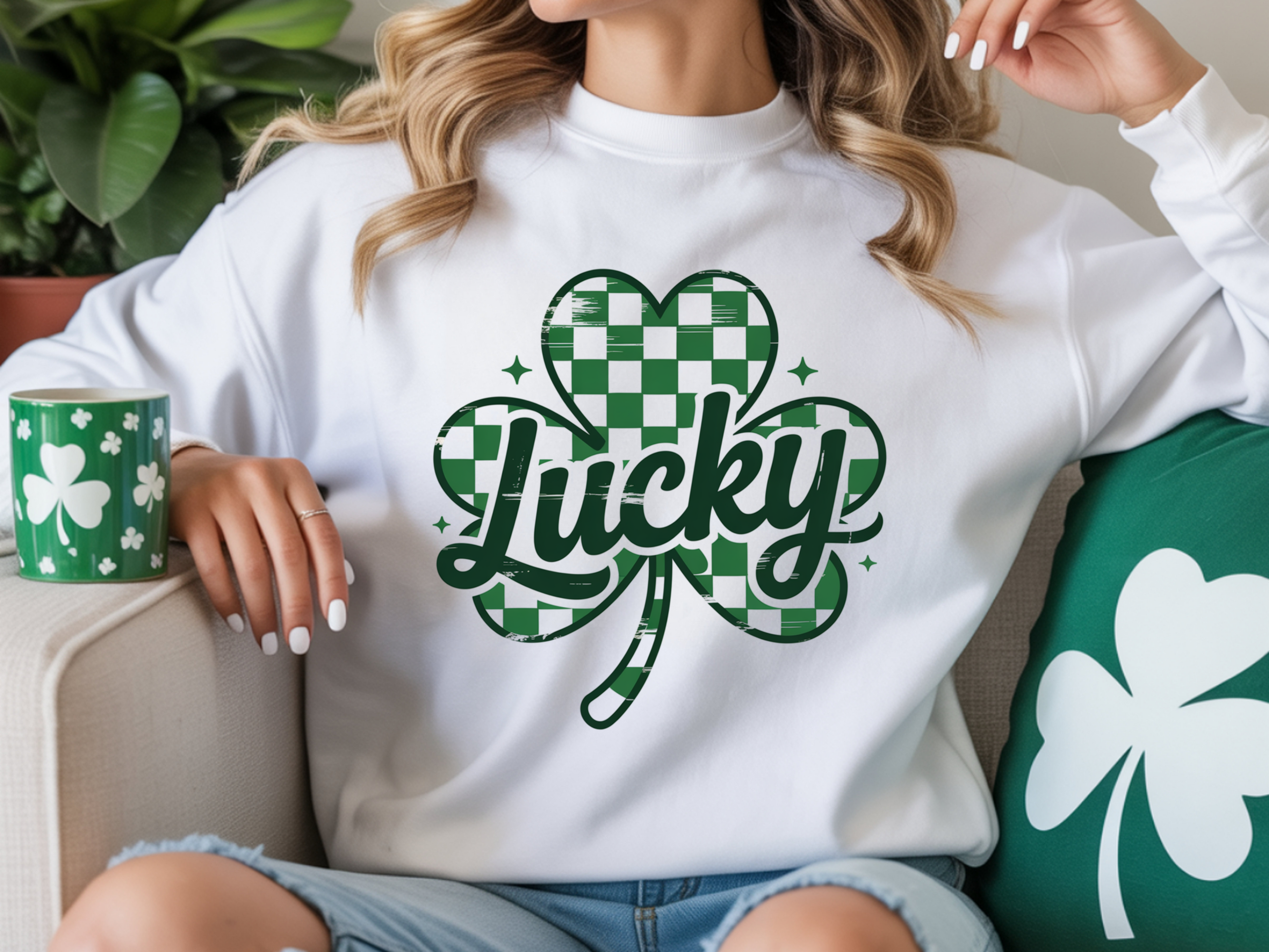 Lucky shamrock clover St Patricks Day shirt with bold green typography design