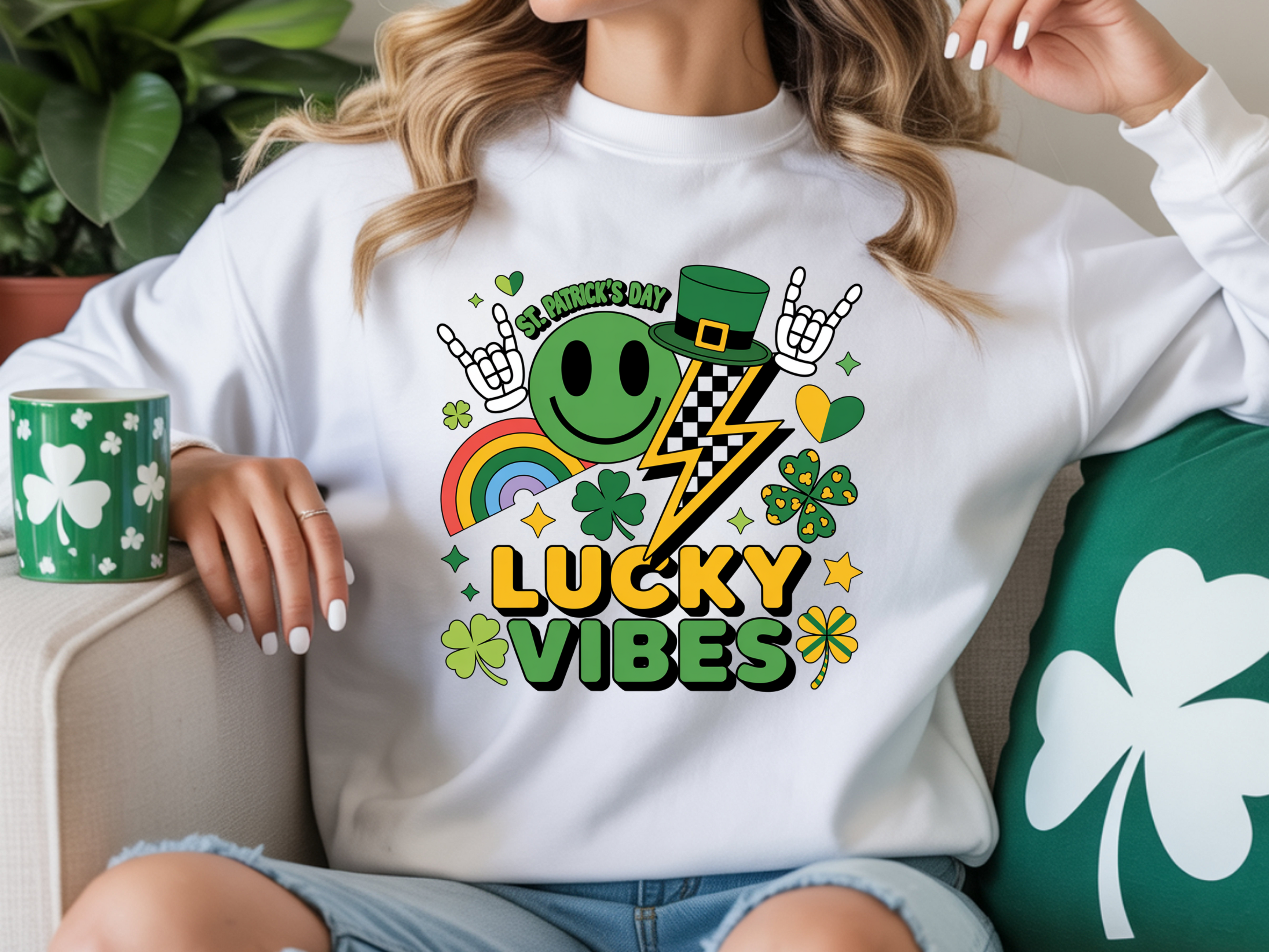 Lucky vibes St Patricks Day shirt with rainbow shamrock lightning design