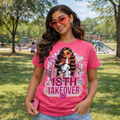 Person wearing a pink t-shirt with a graphic design and text, standing in a park. Order your personalized avatar life like photo shirt.